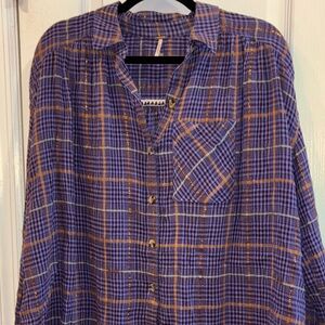 FREE PEOPLE OVERSIZED MEDIUM COTTON BUTTON DOWN PURPLE BRONZE GOLD METALLIC…